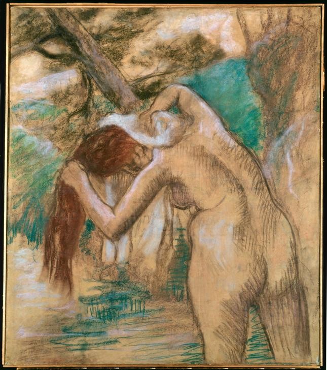 Edgar Degas, Baigneuse au bord de l’eau (Körperpflege,Bad Im Freien,Bad,Frau,Kunst,Landschaft,Freizeit,Impressionismus,See,Fluss,Akt,Rückenakt,Rückenfigur,Französische Kunst,Im Freien (Allgemein),Nacktheit,Handtuch,Ufer,Alltagskultur,Langes Haar,Abtrocknen,Jahrhundertwende,Haare Waschen)