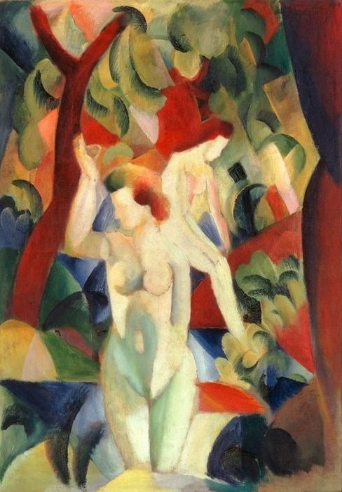 August Macke, Badende Frauen (Körperpflege,Bad Im Freien,Bad,Deutsche Kunst,Freikörperkultur,Frau,Kunst,Landschaft,Freizeit,Wald,See,Fluss,Akt,Expressionismus,Der Blaue Reiter,Im Freien (Allgemein),Nacktheit,Ufer,Frauenleben,Abstraktion)