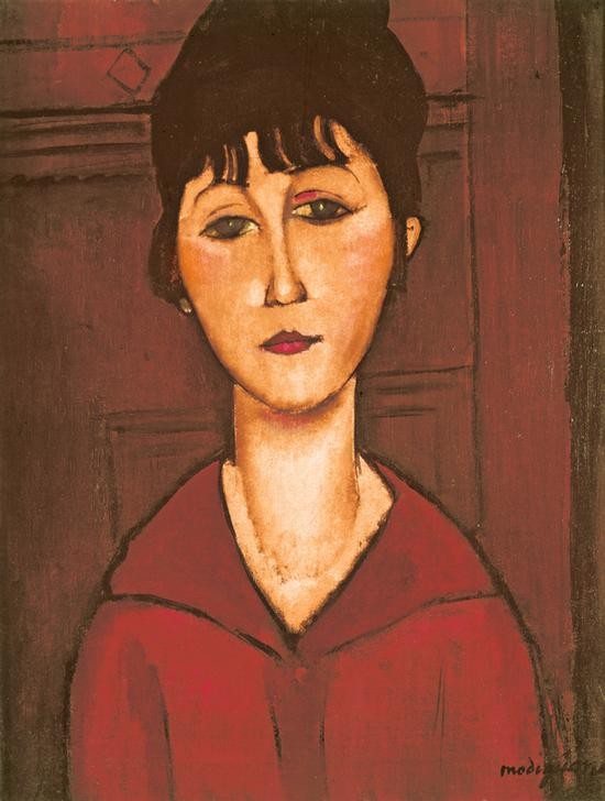 Amedeo Modigliani, Frontal portrait of the young woman (Frau,Mädchen,Portrait,Italienische Kunst,Tag,Französische Kunst,Innenansicht,Sitzen,Primitivismus,Fransen,Signatur)