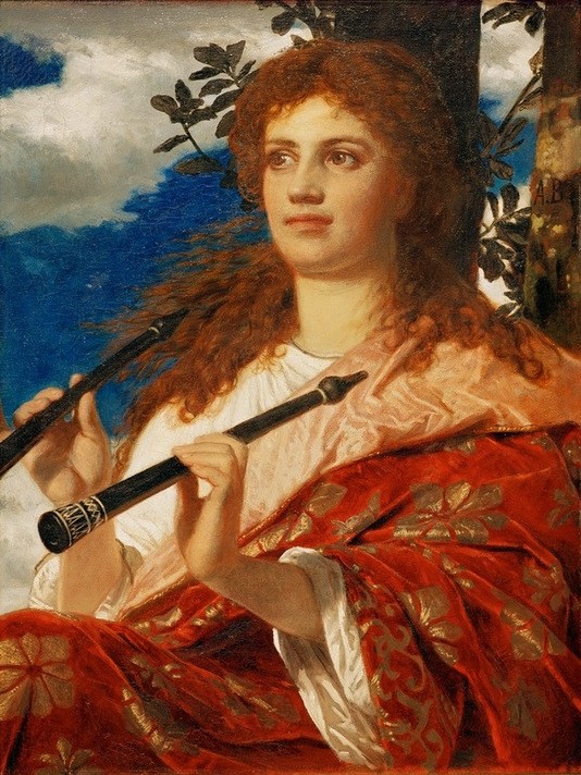 Arnold Böcklin, Die Muse des Anakreon (Mythologie, Musen, Frau, Instrument, Chiton, Gewand, edel, Doppelaulos, Flöten, Symbolismus, Wunschgröße, Klassiker, Wohnzimmer,)