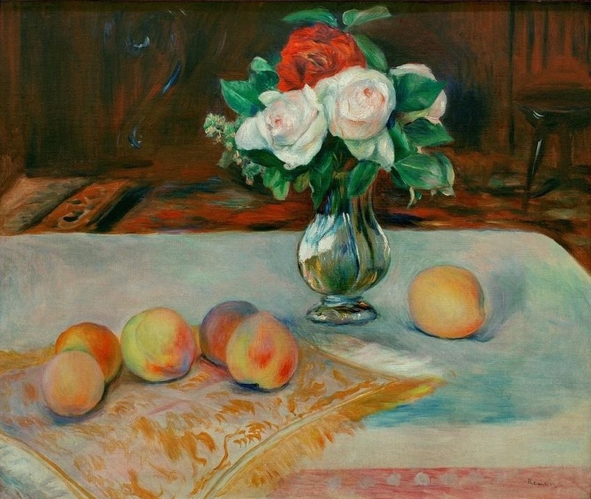 Pierre-Auguste Renoir, Nature morte (Kunst,Maler (Künstler),Obst,Rose,Impressionismus,Tisch,Stillleben,Blumenstrauss,Vase,Pfirsich,Französische Kunst)