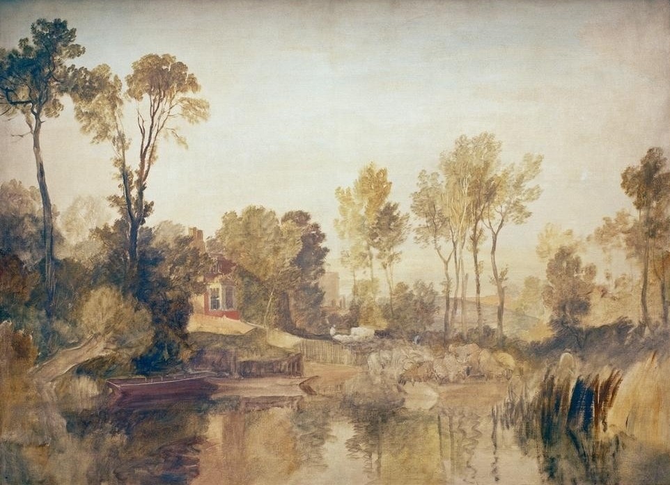JOSEPH MALLORD WILLIAM TURNER, House beside a River, with Trees and Sheep (Landschaft,Fluss,Englische Kunst,Romantik)