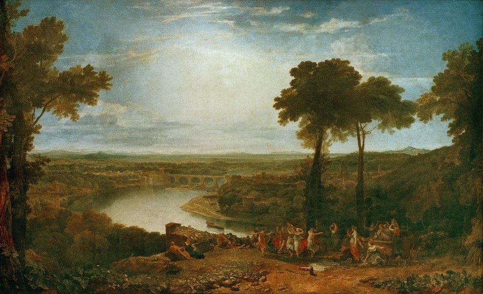 JOSEPH MALLORD WILLIAM TURNER, The Festival upon the opening of the Vintage at Maçon (Erntefeste,Landschaft,Tanz,Weinlese,Klassizismus,Fluss,Winzer,Englische Kunst,Ideale Landschaft)