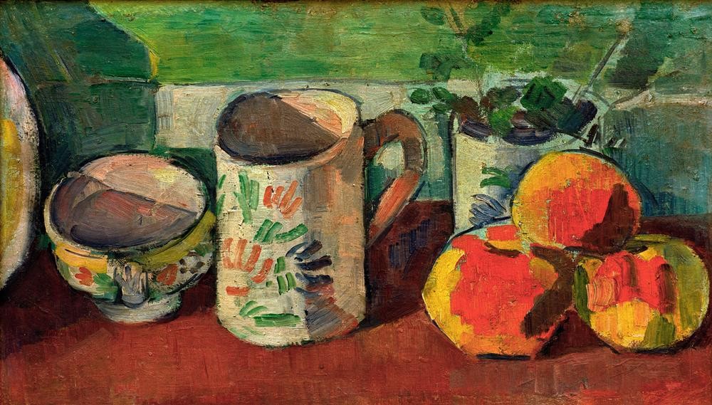 Emile Bernard, Nature morte avec pot et fruits (Stillleben, Becher, Früchte, Äpfel, Obst, Französische Kunst, Schule von Pont-Aven,  Malerei, Cloisonismus, Klassische Moderne, Wohnzimmer, Wunschgröße, bunt)