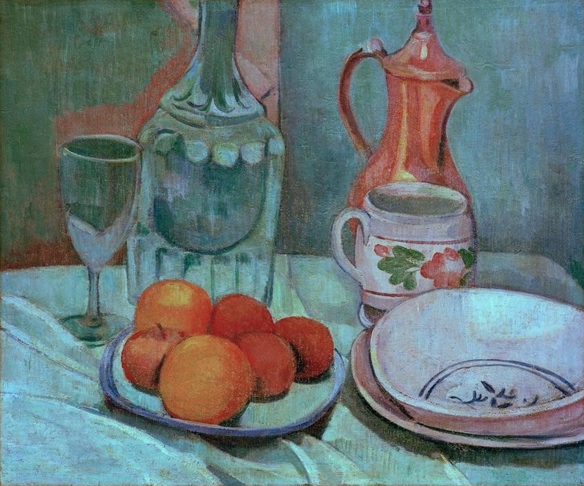Emile Bernard, Nature morte avec carafe et oranges (Stillleben, Teller, Karaffe, edel, vornehm, Früchte, Obst, Französische Kunst, Schule von Pont-Aven,  Malerei, Cloisonismus, Klassische Moderne, Wohnzimmer, Wunschgröße, bunt)