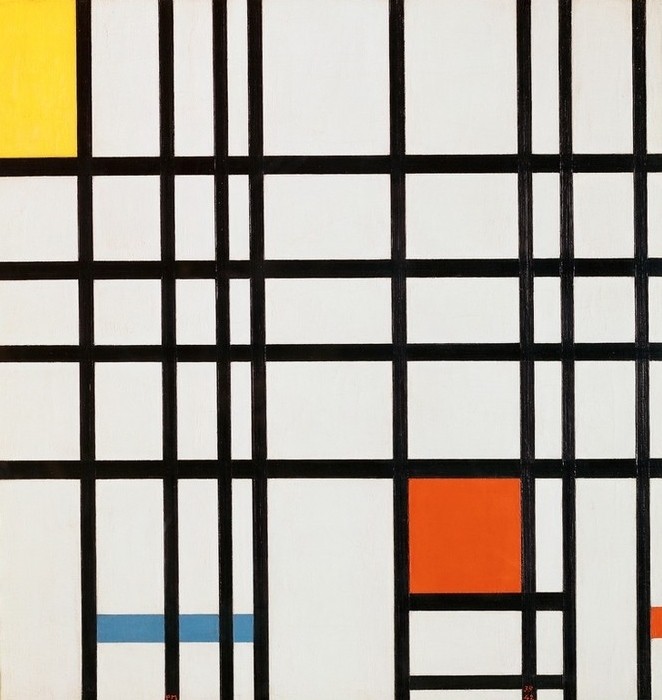 Piet Mondrian, Komposition mit Gelb, Blau und Rot (Geometrie,Abstrakte Kunst,Niederländische Kunst,Blau,Rot,Viereck,Gelb,Parallelismus,Neo-Plastizismus,Farbe)