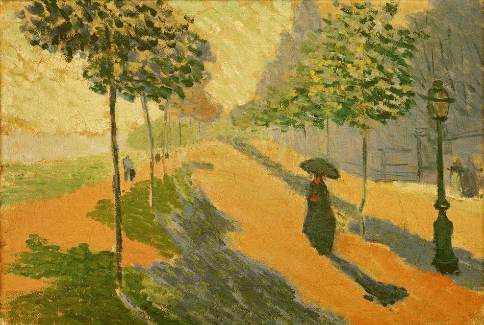 Emile Bernard, Quai à Asnières (Allee,Landschaft,Strasse (Allgemein),Impressionismus,Schatten,Sonnenschirm,Französische Kunst,Uferstrasse,Fussgängerin,Schule Von Pont-Aven,Quai, Klassische Moderne,)