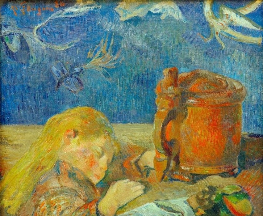 Paul Gauguin, Portrait de Clovis Gauguin (L’enfant endormi) (Kind,Tapete,Impressionismus,Stillleben,Französische Kunst,Tagtraum,Kinderleben,Humpen,Schlafen (Schlaf),Deckelkrug)