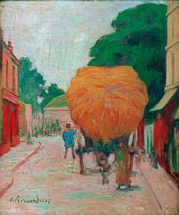 Emile Bernard, La porte d’Asnières: le char de foin (Ernte, Heuwagen, Strassenszene,  Transport, Impressionismus,   Fuhrwerk, Straße, Dorf, Malerei, Wohnzimmer, Klassische Moderne, Wunschgröße, bunt)