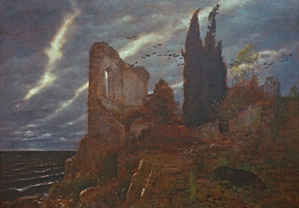 Arnold Böcklin, Die Ruine am Meer (Küste, Meer, düster, Mystisch,   Ruine, Krähen, Nachtszene,  Symbolismus, Wunschgröße, Klassiker, Wohnzimmer, bunt)