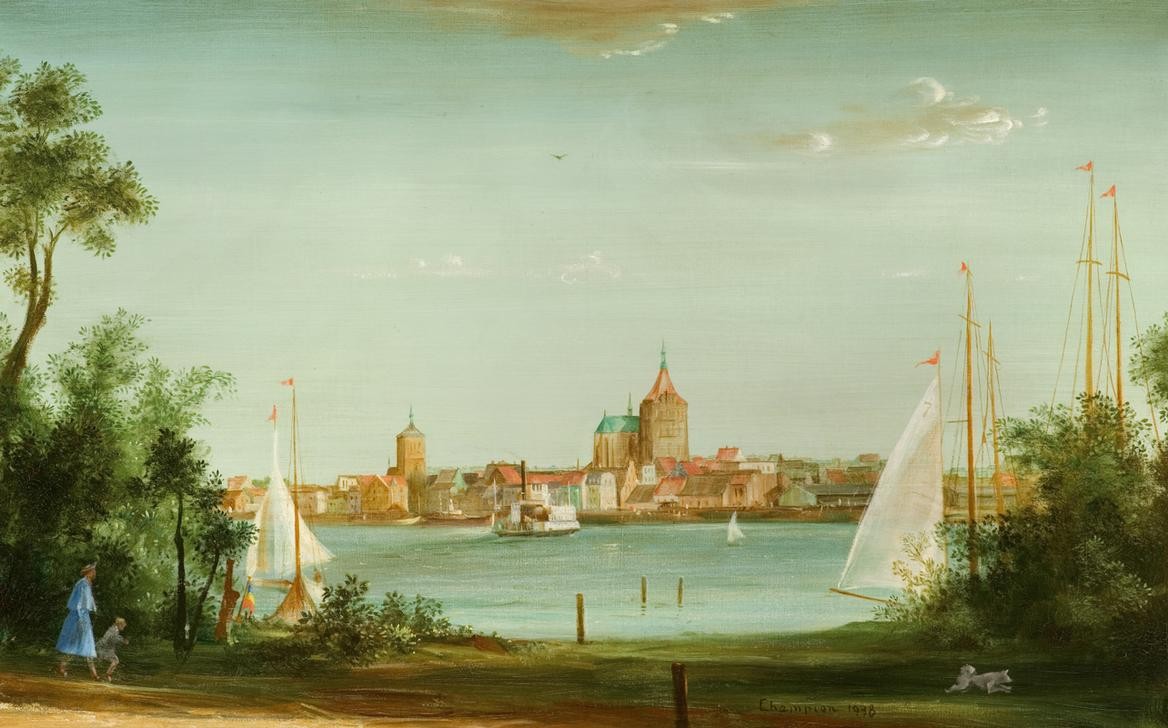 Theo Champion, Rostock, Stadtansicht (Landschaft, Panorama, Stäte, Deutschland, See, Sommer, Neoimpressionismus, Moderne, Wunschgröße, Wohnzimmer)