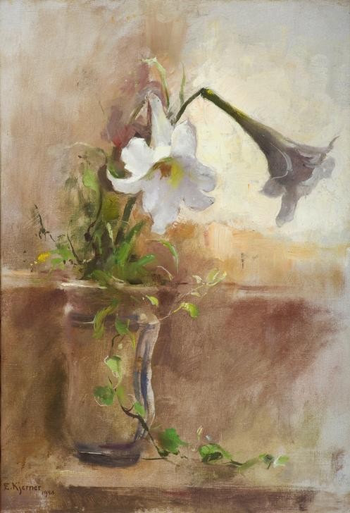 Esther Kjerner, Unbekannt (Stillleben, Blumenvase, Glasvase, Lilien, schwedische Kunst, Klassische Modern, Wunschgröße, Treppenhaus, Esszimmer, Wohnzimmer)