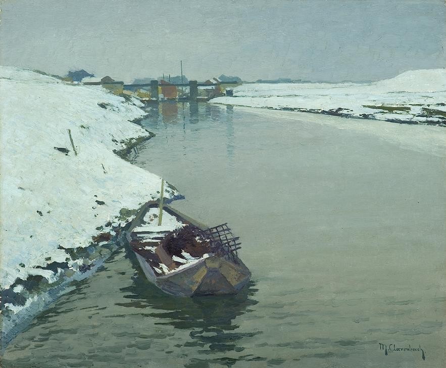 Max Clarenbach, Unbekannt (Landschaft, Fluss, Ufer, Boot, Jahreszeit, Winter, Schnee, Impressionismus, Wunschgröße, Klassiker, Wohnzimmer)