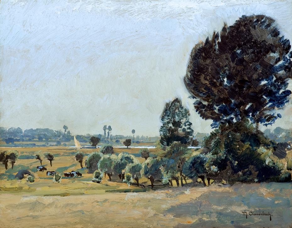 Max Clarenbach, Unbekannt (Landschaft, Felder, Weiden, Kühe, Bäume, Sommer, Impressionismus, Wunschgröße, Klassiker, Wohnzimmer)