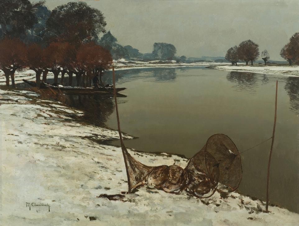 Max Clarenbach, Unbekannt (Winter, Schnee, Landschaft, Fluss, Fischreuse, Reuse, Ufer,  Stadt, Jahreszeit, Impressionismus, Wunschgröße, Klassiker, Wohnzimmer)