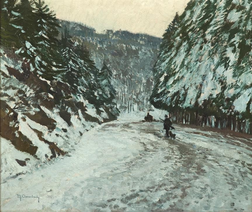 Max Clarenbach, Unbekannt (Landschaft, Landschaftsmalerei, Winter, Jahreszeit, Schnee, Gebirge, Waldweg, Impressionismus, Wunschgröße, Klassiker, Wohnzimmer)