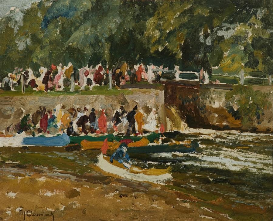 Max Clarenbach, Unbekannt (Menschen, Menschenmenge, Brücke, Ruderboote,   Bootsverleih, Spaß, Freizeit, Vergnügen, Impressionismus, Wunschgröße, Klassiker, Wohnzimmer)