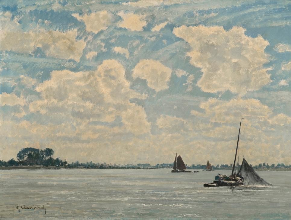 Max Clarenbach, Unbekannt (Landschaft, Landschaftsmalerei, Fluss, Himmel, Horizont, Wolken, Fischerboote, Impressionismus, Wunschgröße, Klassiker, Wohnzimmer)
