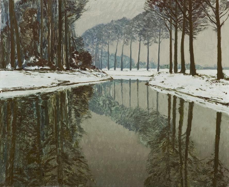 Max Clarenbach, Unbekannt (Landschaft, Landschaftsmalerei, Fluss, Bäume, Reflexionen, Spiegelungen, Winter, Jahreszeit, Schnee, Stille, Ruhe, Impressionismus, Wunschgröße, Klassiker, Wohnzimmer)