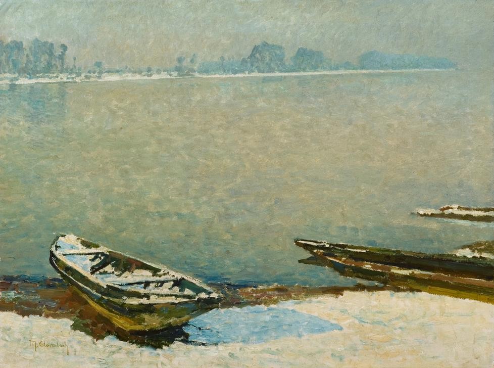 Max Clarenbach, Unbekannt (Landschaft, Landschaftsmalerei, Nebel, Dunst, Fluss, Ruderboot, Ufer, Winter, Schnee, Jahreszeit, Impressionismus, Wunschgröße, Klassiker, Wohnzimmer)