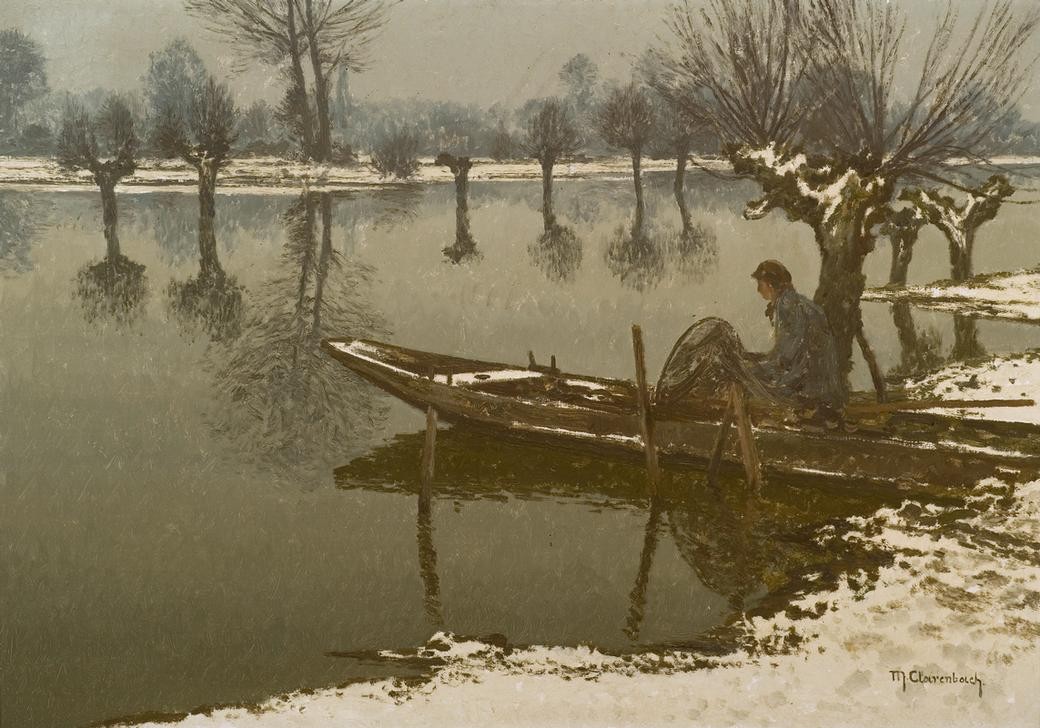 Max Clarenbach, Unbekannt (Landschaft, Landschaftsmalerei, Fluss, Bäume, Fischer, Reuse,   Fischerboot, Winter, Jahreszeit, Schnee, Impressionismus, Wunschgröße, Klassiker, Wohnzimmer)