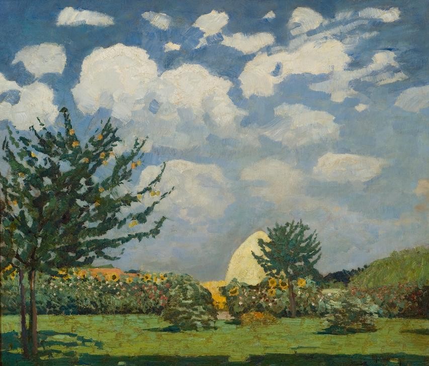 Max Clarenbach, Unbekannt (Landschaft, Landschaftsmlaerei, Garten, Sonnenblumen, Bäume, Sommer, Himmel, Wolken, Impressionismus, Wunschgröße, Klassiker, Wohnzimmer)