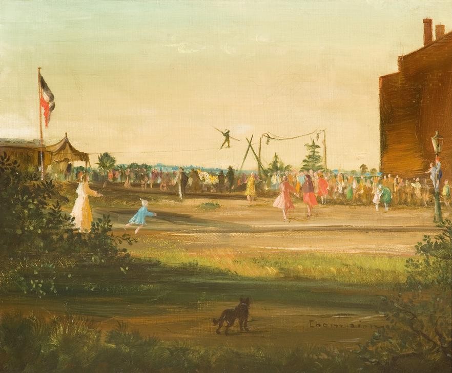 Theo Champion, Unbekannt (Jahrmarkt, Seiltänzer, Rummel, Sommer, Zuschauer, Neoimpressionismus, Moderne, Wunschgröße, Wohnzimmer)
