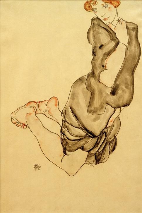 Egon Schiele, Kniende Wally mit grauem Kleid (Frau,Kunst,Mensch,Portrait,Expressionismus,Österreichische Kunst,Kleid,Barfuss,Knien,Ganzfigurig,Grau)