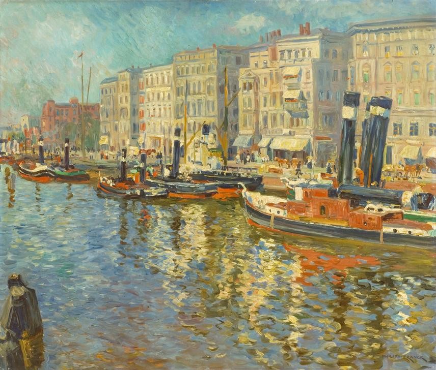 Philipp Franck, Stettin, Hafen (Dampfer,Deutsche Kunst,Kunst,Schiff,Impressionismus,Vedute,Architekturdarstellung,Häuserzeile,Privatsammlung,Bootsanlegestelle,Schifffahrt)