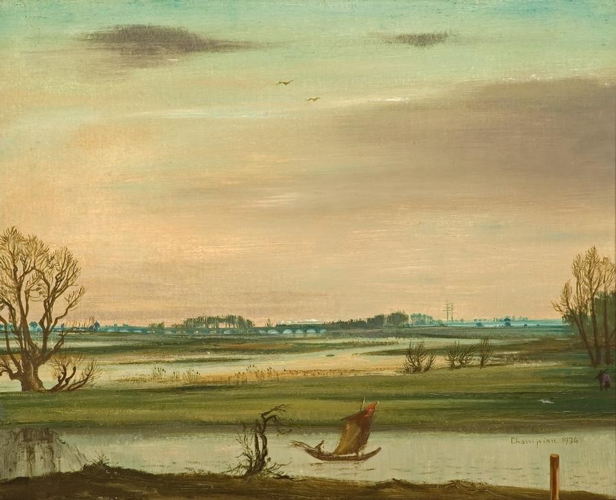 Theo Champion, Unbekannt (Landschaft, Panorama, Fluss, Boot, Ebene, Neoimpressionismus, Moderne, Wunschgröße, Wohnzimmer)
