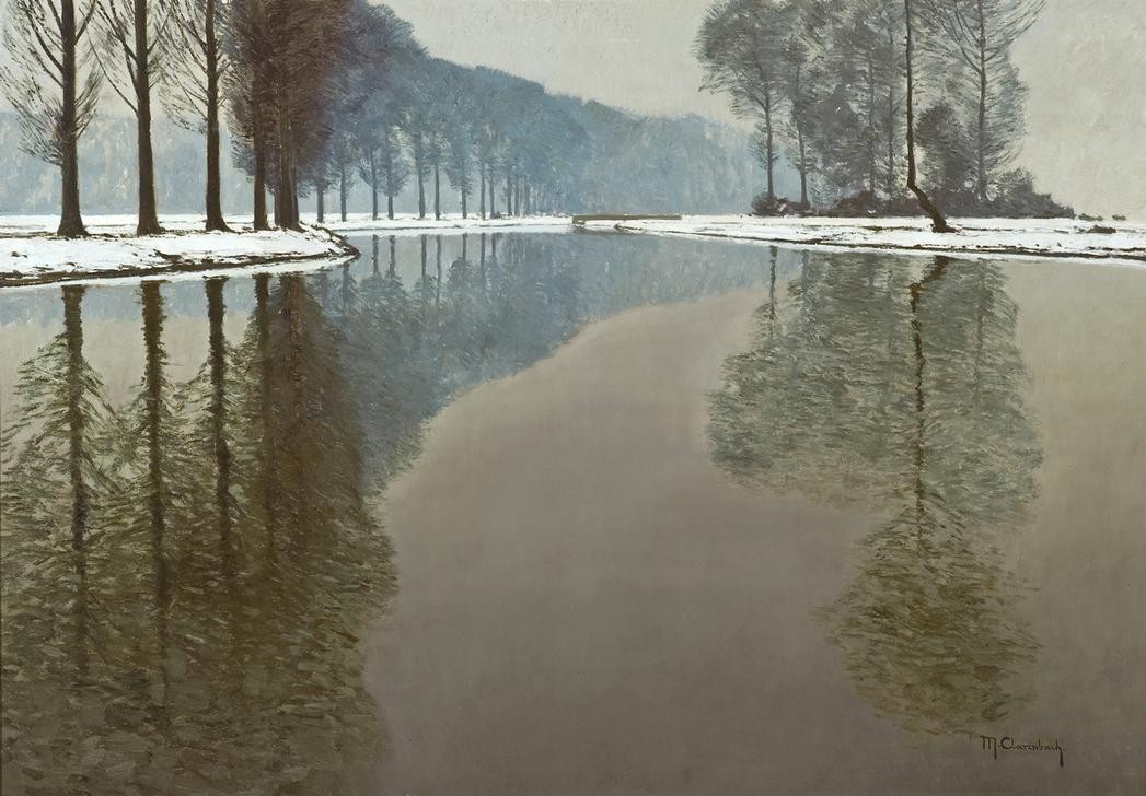 Max Clarenbach, Unbekannt (Landschaft, Landschaftsmalerei, Fluss, Bäume, Reflexionen, Spiegelungen, Winter, Jahreszeit, Schnee, Stille, Ruhe, Impressionismus, Wunschgröße, Klassiker, Wohnzimmer)