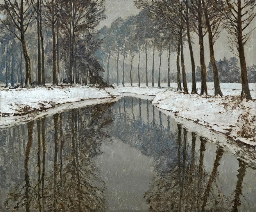 Max Clarenbach, Unbekannt (Landschaft, Landschaftsmalerei, Fluss, Bäume, Reflexionen, Spiegelungen, Winter, Jahreszeit, Schnee, Stille, Ruhe, Impressionismus, Wunschgröße, Klassiker, Wohnzimmer)