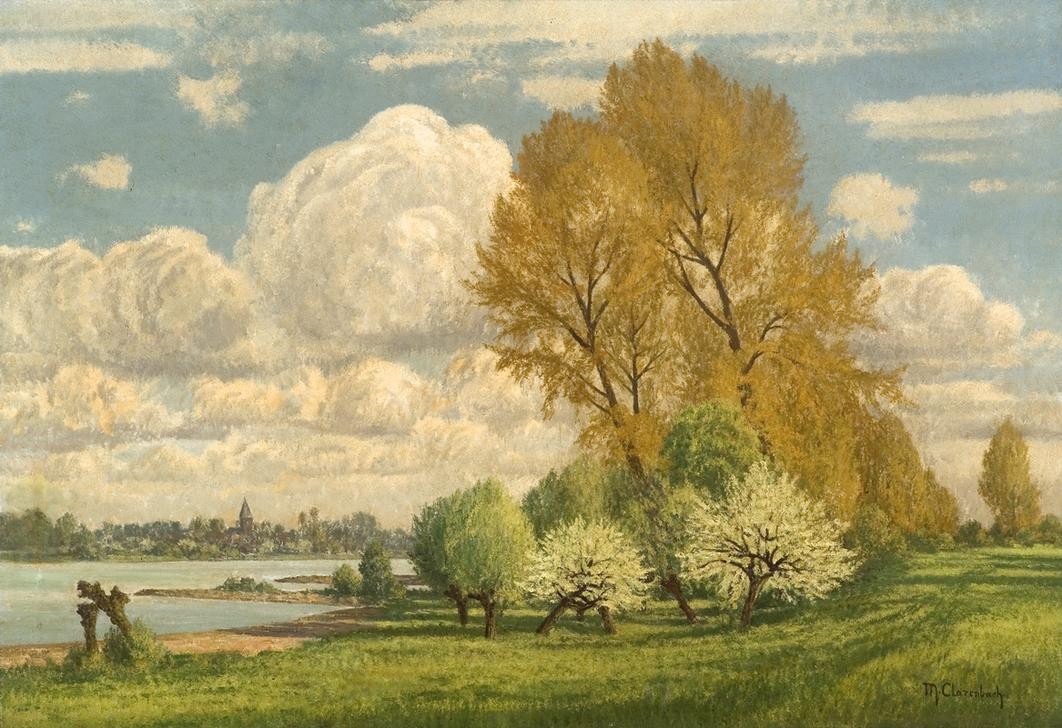Max Clarenbach, Unbekannt (Landschaft, Landschaftsmalerei, Frühling, Jahreszeiten, Bäume, Fluss, Wolken, Impressionismus, Wunschgröße, Klassiker, Wohnzimmer)