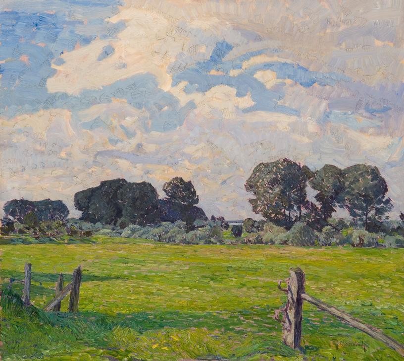 Max Clarenbach, Unbekannt (Landschaft, Landschaftsmalerei, Weiden, Weidezaun, Bäume, Impressionismus, Wunschgröße, Klassiker, Wohnzimmer)