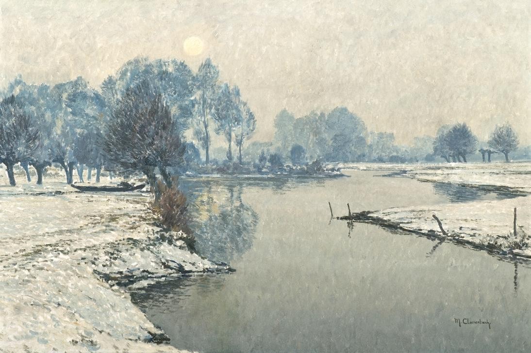 Max Clarenbach, Unbekannt (Landschaft, Landschaftsmalerei, Fluss, Bäume, Reflexionen, Spiegelungen, Winter, Jahreszeit, Schnee, Stille, Ruhe, Impressionismus, Wunschgröße, Klassiker, Wohnzimmer)