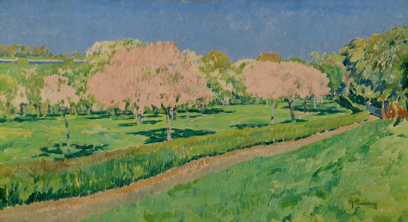 Max Clarenbach, Unbekannt (Landschaft, Landschaftsmalerei, Frühling, Jahreszeit, blühende Bäume, Wiesen, Feldweg, Impressionismus, Wunschgröße, Klassiker, Wohnzimmer)