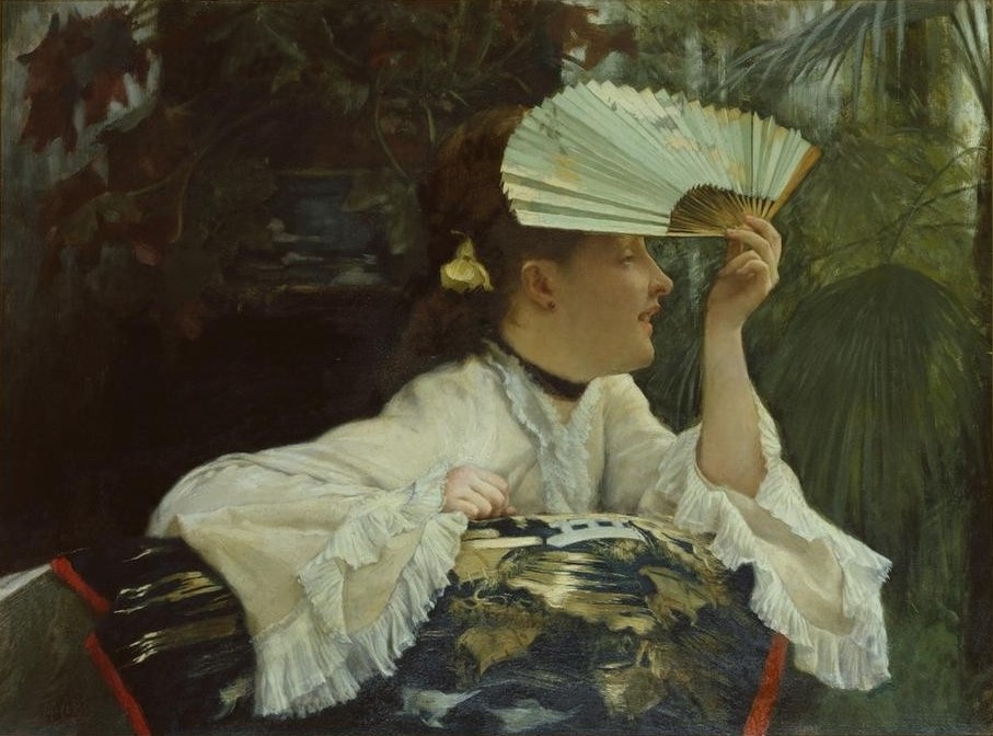 James Tissot (Jacques-Joseph), Der Fächer (Damenmode,Fächer,Frau,Kunst,Landschaft,Menschen Im Park,Mensch,Mode,Palme,Portrait,Französische Kunst,Fächerpalme,Profil,Halsband,Junge Frau,Blume Im Haar)