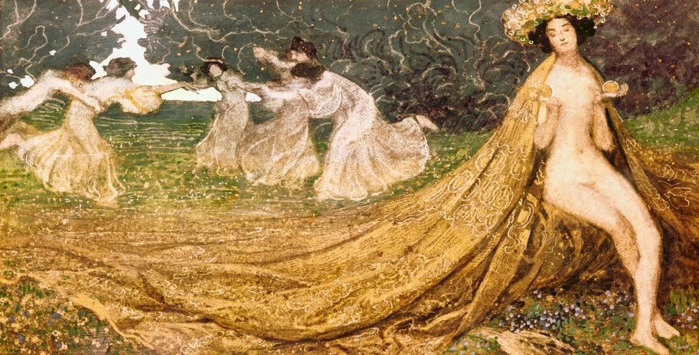 Maximilian Lenz, Idunasäpfel (Götter, Mythos, Göttin, Hüterin, ewige Jugend, Asen, tanzende Frauen, Symbolismus, Wunschgröße, KJlassische Moderne, Wohnzimmer, bunt)