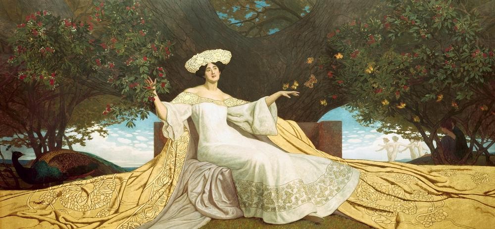 Maximilian Lenz, Frühling (Frau, Frühling, goldener Umhang, elegant, Natur, Garten, Baum, Frühling, Jahreszeit, Symbolismus, Wunschgröße, KJlassische Moderne, Wohnzimmer, bunt)