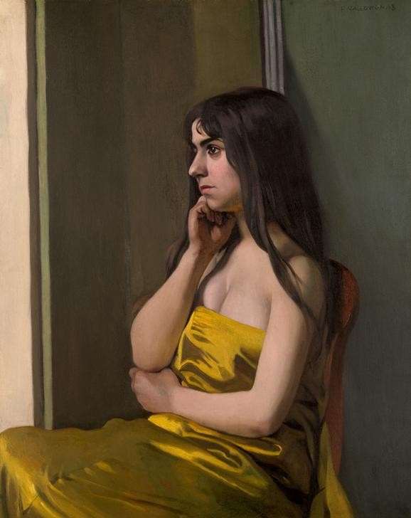 Felix Vallotton, L’etoffe jaune (Frau,Mädchen,Mensch,Textil,Dekollete,Neue Sachlichkeit,Portrait,Französische Kunst,Schweizerische Kunst,Stuhl,Profil,Langes Haar,Nabis,Sitzen,Junge Frau,Nase,Schulterfrei,Kopf Stützen,Gelb,Halbfigur,Halbprofil)