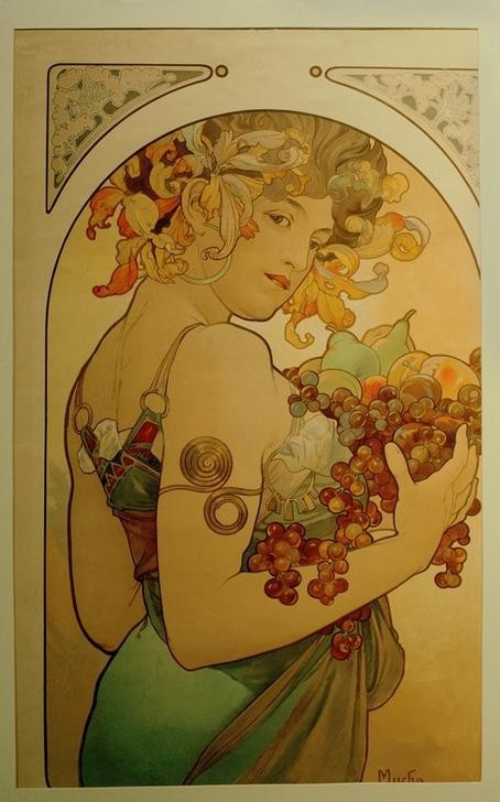 Alfons Maria Mucha, Früchte (Tschechische Kunst,Frau,Jugendstil,Mensch,Obst,Ornamentik,Weintraube,Jahrhundertwende,Armspange)