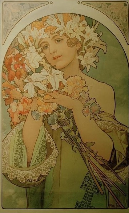 Alfons Maria Mucha, Blumen (Tschechische Kunst,Frau,Jugendstil,Lilie,Blumenstrauss,Blume,Jahrhundertwende,Halbfigur)
