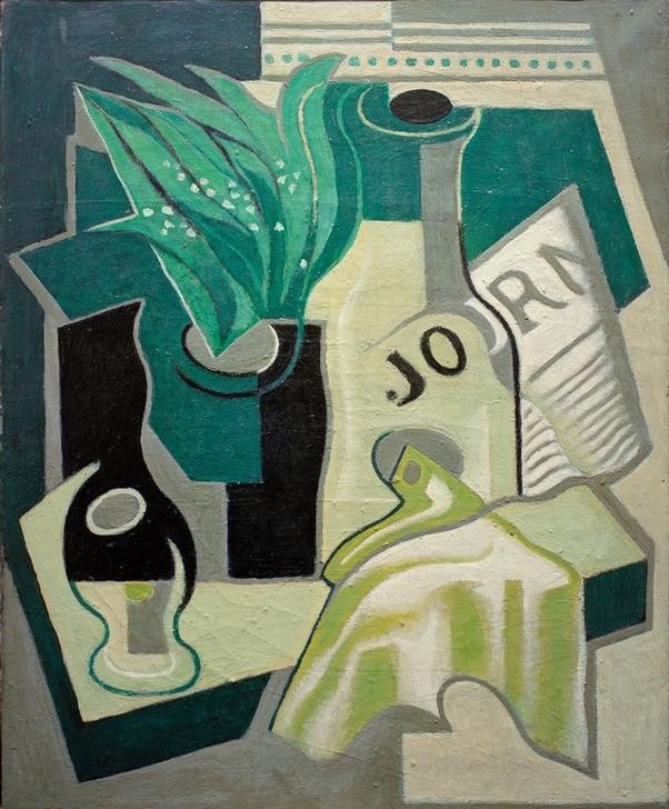 Juan Gris, Vase mit Maiglöckchen (Stillleben, Vase, Maiglöckchen, Flasche, Zeitung, Tisch, Wunschgröße, Kubismus, Klassische Moderne, Malerei, Wohnzimmer, bunt)