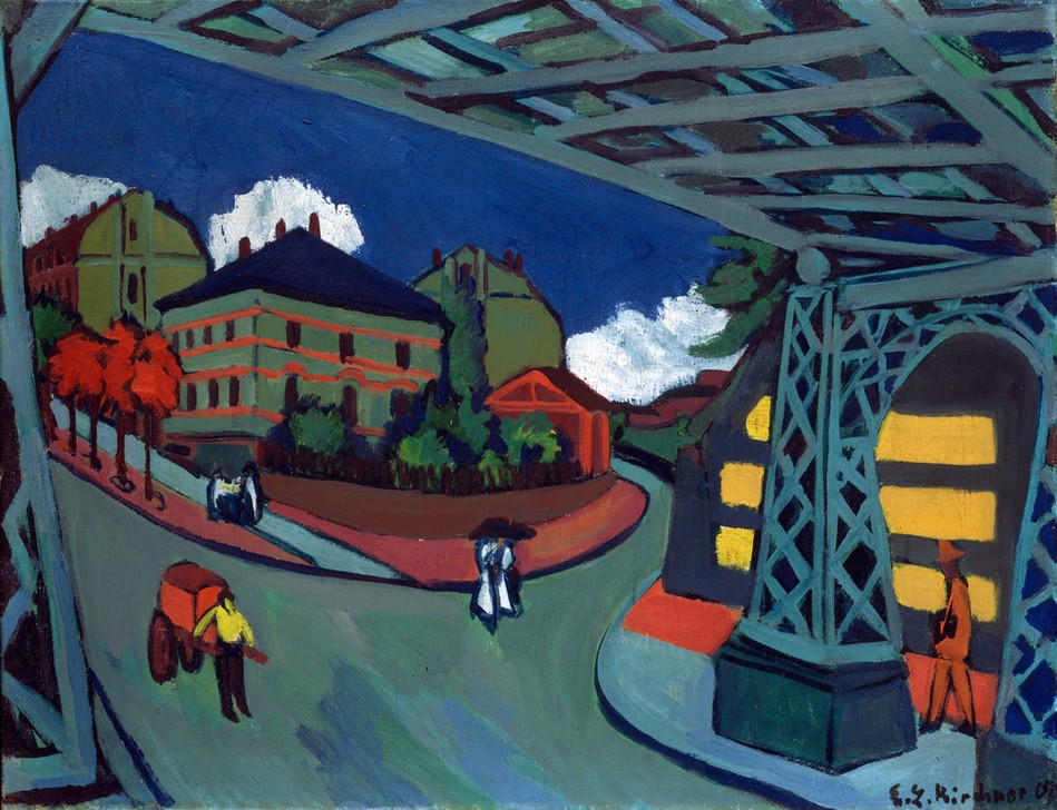 Ernst Ludwig Kirchner, Eisenbahnunterführung Löbtauer Straße in Dresden (Architektur,Brücke,Deutsche Kunst,Eisenbahnbrücke,Expressionismus,Architekturdarstellung,Handwagen,Stadtlandschaft,Unterführung)