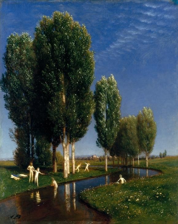 Arnold Böcklin, Sommertag (Landschaft, Flusslandschaft, Fluss, Bäume, Pappeln, Sommr, Badende, Kinder, Spaß, Freizeit, Wunschgröße, Klassiker, Wohnzimmer, bunt)