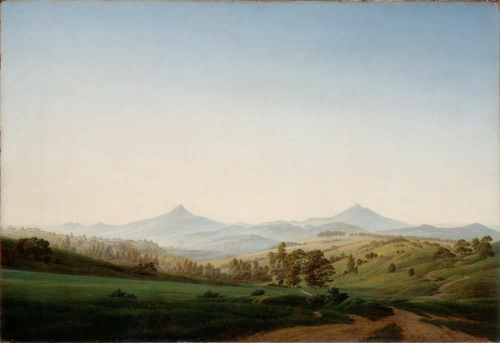 Caspar David Friedrich, Böhmische Landschaft mit dem Milleschauer (Deutsche Kunst,Gebirge,Kunst,Landschaft,Romantik,Berg)