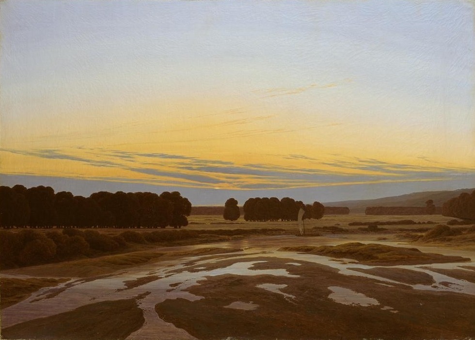 Caspar David Friedrich, Das Große Gehege bei Dresden (Deutsche Kunst,Herbst,Jahreszeiten,Landschaft,Licht Und Beleuchtung,Sonnenuntergang,Tageszeiten,Abend,Fluss,Lastkahn,Überschwemmung,Romantik,Abendrot,Schifffahrt)