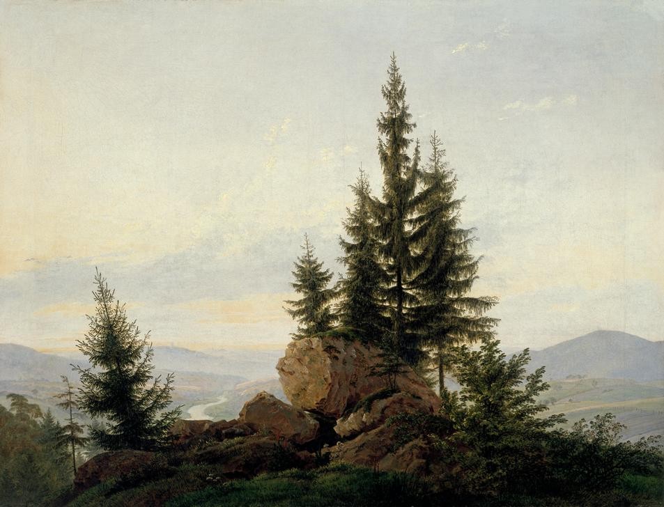 Caspar David Friedrich, Ausblick ins Elbtal (Deutsche Kunst,Kunst,Landschaft,Tanne,Fluss,Baum,Tal,Romantik,Baumgruppe,Nadelbaum,Ausblick)