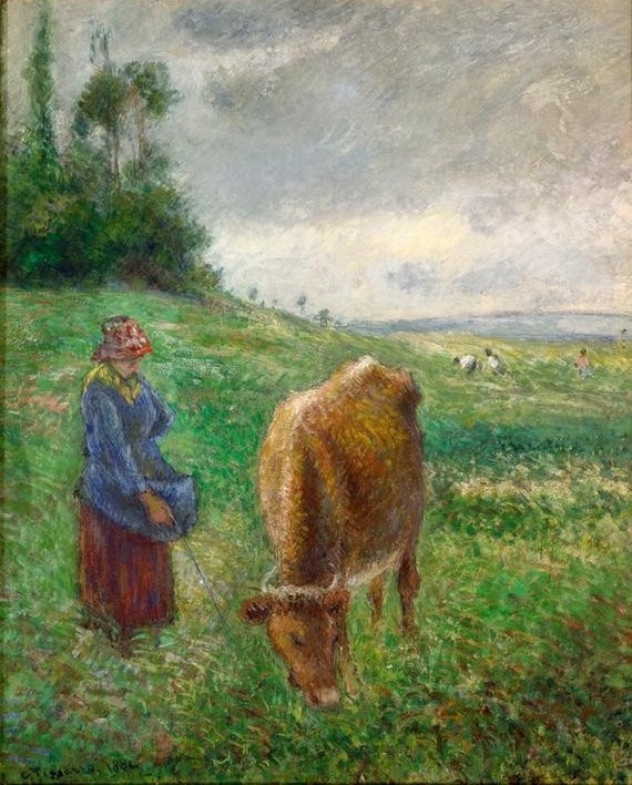 Camille Pissarro, Kuhhirtin (Frau,Kunst,Landschaft,Milchwirtschaft,Rinderzucht,Rind,Weide,Wolke,Impressionismus,Hirte,Wiese,Bäuerin,Französische Kunst,Tierhaltung,Landleben,Frauenleben,Tier,Landbevölkerung,Hirtin,Weiden,Nutztier,Landwirtschaft,Viehzucht,Weide (Wiese))