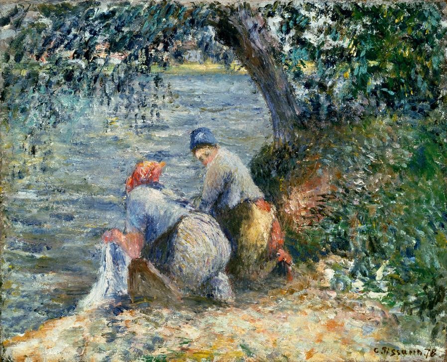 Camille Pissarro, Wäscherinnen am Ufer der Oise (Arbeit,Frau,Gewässer,Hausarbeit,Kunst,Landschaft,Mensch,Volkskunde,Impressionismus,Waschen,Fluss,Französische Kunst,Wäsche,Ufer,Frauenleben,Waschtag,Land Und Leute,Wäscherin)